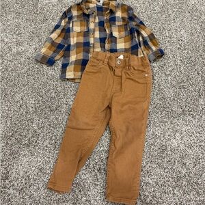 H&M Boys Plaid Flannel Shirt and Brown Cord Pants Set